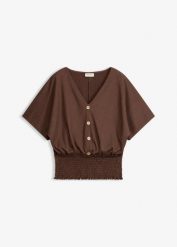 Koszulka z krepy o lekkiej fakturze. Brązowe bluzki damskie bonprix, bez wzorów, eleganckie, bez kołnierzyka. Za 102.99 zł.