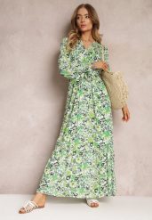 Zielona Wiskozowa Sukienka Maxi w Kwiaty z Gumką w Pasie i Kopertowym Dekoltem Elinne. Zielone sukienki damskie Renee, l, bez wzorów, z materiału, bez kołnierzyka, bez ramiączek, maxi, kopertowe. Za 129.99 zł.