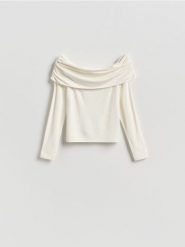 Bluzka z odkrytymi ramionami - złamana biel. Bluzki damskie Reserved, l, bez wzorów, z bawełny, bez kołnierzyka, bez ramiączek. Za 109.99 zł.