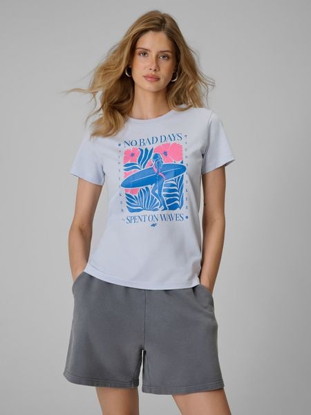 4F T-shirt regular z nadrukiem damski - niebieski L. Niebieskie t-shirty damskie 4f, l, bez wzorów, z bawełny, bez kołnierzyka. W wyprzedaży za 39.99 zł.