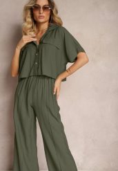 Ciemnozielony 2-Częściowy Komplet z Wiskozy Koszula o Luźnym Kroju Szerokie Spodnie Velvitela. Zielone koszule damskie Renee, bez wzorów, z materiału. Za 139.99 zł.