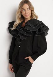 Czarna Elegancka Koszula Ozdobiona Falbanami i Guzikami Leristta. Czarne bluzki damskie Born2be, m, bez wzorów, z jeansu, eleganckie, bez kołnierzyka, bez ramiączek. Za 149.99 zł.