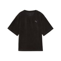 Damska koszulka Essentials Elevated Velour Rib o luźnym kroju PUMA Black. Czarne obuwie sportowe damskie Puma, bez wzorów, na fitness i siłownię. Za 129.00 zł.