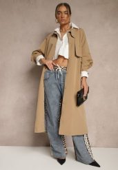 Beżowy Płaszcz w Stylu Trencza Vintage z Asymetryczną Zakładką i Paskiem Davivellea. Brązowe płaszcze damskie Renee, m, bez wzorów, z jeansu, eleganckie, bez kaptura. Za 169.99 zł.