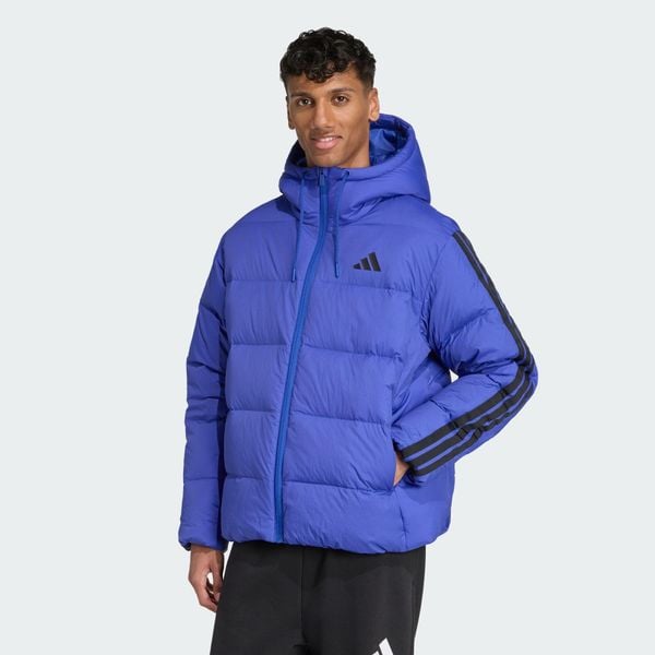 Puchowa kurtka z kapturem Essentials Climawarm z 3 paskami. Niebieskie kurtki męskie Adidas, xl, bez wzorów, z materiału, z kapturem. Za 486.99 zł.