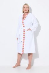 Damskie szlafrok z dzianiny dresowej brzegi w paski wiązany pasek długi rękaw. Białe szlafroki damskie Ulla Popken, plus size, bez wzorów, z bawełny, plus size, bez ramiączek, długie, bez kaptura. Za 223.99 zł.
