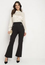 Czarno-Beżowy Elegancki Kombinezon z Koszulową Górą z Wiązaniem i Ozdobnymi Guzikami Noriti. Czarne sukienki damskie Born2be, do pracy, l, bez wzorów, biznesowe, bez kołnierzyka, bez ramiączek, koszulowe. Za 149.99 zł.