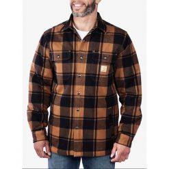 Koszula turystyczna męska Carhartt Flannel Sherpa-Lined Shirt Jac. Brązowe koszule męskie Carhartt, m, bez wzorów, casualowe, bez kołnierzyka, bez ramiączek. Za 408.99 zł.