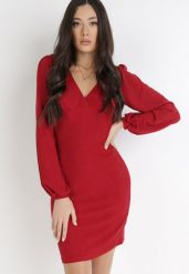 Bordowa Sukienka Alcona. Czerwone sukienki damskie Born2be, l, bez wzorów, z tkaniny, wizytowe, bez kołnierzyka, bez ramiączek, mini, dopasowane. Za 129.99 zł.