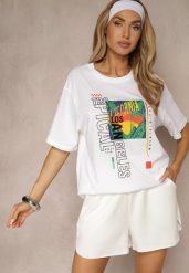 Biała Koszulka T-shirt z Bawełny Zdobiona Oryginalnym Nadrukiem Savindrae. Białe t-shirty męskie Renee, l, z aplikacjami, z bawełny, eleganckie, bez kołnierzyka. Za 29.99 zł.