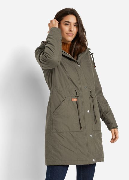 Parka na podszewce. Czarne kurtki damskie bonprix, bez wzorów, z polaru, z kapturem. Za 309.99 zł.