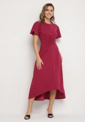 Bordowa Rozkloszowana Sukienka Ozdobiona Marszczeniem Odallica. Czerwone sukienki damskie Born2be, m, bez wzorów, eleganckie, bez kołnierzyka, bez ramiączek, maxi, rozkloszowane. Za 69.99 zł.