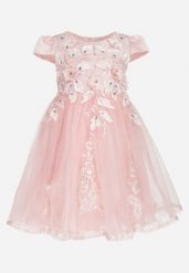 Różowa Sukienka z Tiulowym Dołem Ozdobiona Kwiatkami Karemia. Czerwone sukienki dla dziewczynek Born2be, z aplikacjami, z koronki, eleganckie, bez ramiączek. Za 34.99 zł.