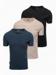 Zestaw męskich bawełnianych koszulek BASIC z okrągłym dekoltem – czarny/granatowy/piaskowy V7 OM-TSBS-0232 - XXL. Niebieskie t-shirty męskie Ombre Clothing, l, bez wzorów, z bawełny, klasyczne, bez kołnierzyka. Za 89.99 zł.