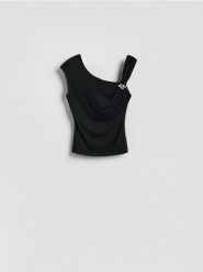 Bluzka z lyocellem - czarny. Czarne bluzki damskie Reserved, l, bez wzorów, z dzianiny, bez kołnierzyka, bez ramiączek. Za 69.99 zł.