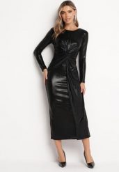 Czarna Połyskująca Sukienka Maxi z Ozdobnym Węzłem Fabriana. Czarne sukienki damskie Born2be, bez wzorów, z tkaniny, eleganckie, bez kołnierzyka, bez ramiączek, maxi, dopasowane. Za 89.99 zł.