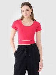 T-shirt crop top gładki damski 4F 4FRSS25TTSHF2695. Czerwone t-shirty damskie 4f, l, bez wzorów, z bawełny, sportowe, bez kołnierzyka. Za 38.99 zł.