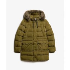 Kurtka puchowa o średniej długości z sztucznego futra damska Superdry. Zielone kurtki damskie Superdry., bez wzorów, z puchu, bez kaptura. W wyprzedaży za 758.55 zł.