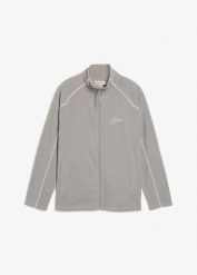 Ciepła bluza rozpinana z polaru, ze sportowymi detalami. Szare bluzy męskie bonprix, m, bez wzorów, z polaru, bez kaptura. Za 109.99 zł.