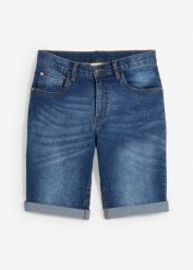 Bermudy jeansowe chłopięce ze stretchem, z regulowanym paskiem, slim fit. Niebieskie jeansy dla chłopców bonprix, z elastanu. Za 92.99 zł.
