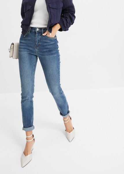 Jeansy skinny, high waist. Niebieskie jeansy damskie bonprix, z podwyższonym stanem. Za 147.99 zł.