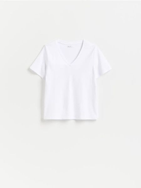 Bawełniany t-shirt - biały. Białe t-shirty damskie Reserved, l, bez wzorów, z bawełny, bez kołnierzyka. Za 59.99 zł.
