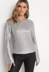 Srebrny Połyskujący Sweter Zerinna. Szare swetry damskie Born2be, m, bez wzorów, z dzianiny, bez kołnierzyka, bez ramiączek, długie, bez kaptura. Za 129.99 zł.
