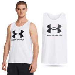 Koszulka męska tank top UNDER ARMOUR 1382883 bez rękawów. Białe koszulki sportowe męskie Under Armour, m, bez wzorów, bez kołnierzyka, bez ramiączek. W wyprzedaży za 118.55 zł.