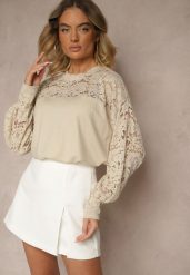 Beżowa Bluzka z Wiskozą z Koronką Eviriva. Brązowe bluzki damskie Renee, bez wzorów, z jeansu, bez kołnierzyka, bez ramiączek. Za 59.99 zł.