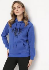 Granatowa Bluza z Kapturem i Nadrukiem oraz Ściągaczami Sitta. Niebieskie bluzy damskie Born2be, l, bez wzorów, z kapturem. Za 74.99 zł.