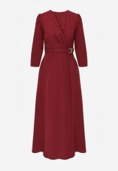 Bordowa Elegancka Sukienka o Kopertowym Kroju Zdobiona Aplikacją w Talii Zilendra. Czerwone sukienki dla dziewczynek Renee, z aplikacjami, eleganckie, bez ramiączek. Za 179.99 zł.