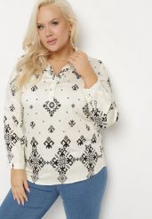 Jasnobeżowa Koszula z Wiskozy w Etniczny Wzór Avinetia. Brązowe bluzki damskie Born2be, xl, bez wzorów, z jeansu, klasyczne, bez kołnierzyka, bez ramiączek. Za 39.99 zł.