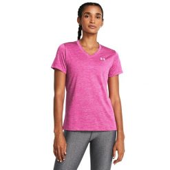 Koszulka damska Under Armour Tech SSV- Twist. Czerwone koszulki sportowe damskie Under Armour, s, bez wzorów, bez kołnierzyka, bez ramiączek. Za 109.99 zł.