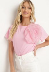 Różowy T-shirt Koszulka z Krótkim Rękawem i Aplikacją w Kształcie Kwiatu Nestairis. Czerwone bluzki damskie Born2be, m, z aplikacjami, klasyczne, bez kołnierzyka. Za 79.99 zł.
