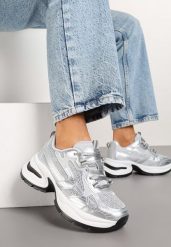 Srebrne Brokatowe Sneakersy w Streetwearowym Stylu na Piankowej Podeszwie Felindris. Szare obuwie sportowe damskie Renee, z aplikacjami, z jeansu. Za 99.99 zł.