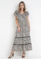 Czarna Rozkloszowana Sukienka Maxi z Ozdobnym Dekoltem i Gumką w Talii z Wiskozy Adyni. Czarne sukienki damskie Born2be, na imprezę, s, bez wzorów, z wiskozy, bez kołnierzyka, bez ramiączek, maxi, rozkloszowane. Za 84.99 zł.