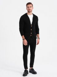 Dzianinowy kardigan męski z kieszeniami i ozdobnymi guzikami – czarny V1 - Rozmiar: S. Czarne kardigany męskie Ombre Clothing, m, z aplikacjami, z bawełny, casualowe. W wyprzedaży za 49.99 zł.