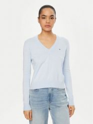 Tommy Jeans Sweter Essential DW0DW19888 Błękitny Regular Fit. Niebieskie swetry damskie Tommy Jeans, xxs, bez wzorów, z bawełny, bez kołnierzyka, bez ramiączek, bez kaptura. Za 219.99 zł.