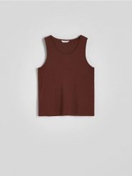 Bawełniany tank top - ciemnobrązowy. Brązowe t-shirty męskie Reserved, l, bez wzorów, z bawełny, bez kołnierzyka. W wyprzedaży za 55.99 zł.