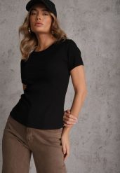 Czarny Bawełniany T-shirt o Dopasowanym Kroju z Prążkowanego Materiału Lailya. Czarne bluzki damskie Renee, m, bez wzorów, z bawełny, eleganckie, bez kołnierzyka, bez ramiączek. Za 39.99 zł.
