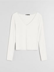 Bluzka z długim rękawem i koronką przy dekolcie - kremowy. Białe bluzki damskie Sinsay, l, bez wzorów, z koronki, bez kołnierzyka, bez ramiączek. Za 25.99 zł.