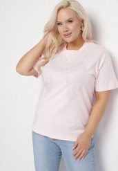 Jasnoróżowy T-shirt ze Wzorem z Cyrkonii Olisellea. Czerwone bluzki damskie Born2be, xl, bez wzorów, z bawełny, bez kołnierzyka, bez ramiączek. Za 44.99 zł.