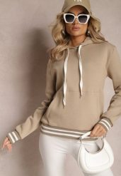 Beżowa Bluza Kangurka z Bawełny ze Ściągaczami w Paski i Kapturem Gaiana. Brązowe bluzy damskie Renee, bez wzorów, z bawełny, z kapturem. Za 99.99 zł.