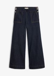 Jeansy wide leg z wysokim stanem i naszywanymi kieszeniami. Niebieskie jeansy damskie bonprix, z podwyższonym stanem. Za 129.99 zł.