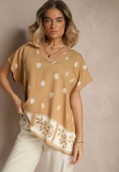 Brązowa Bluzka z Wiskozą z Krótkim Rękawem Typu Nietoperz w Kwiatowy Print Lannelle. Brązowe bluzki damskie Renee, s, bez wzorów, z jeansu, eleganckie, bez kołnierzyka, bez ramiączek. Za 39.99 zł.