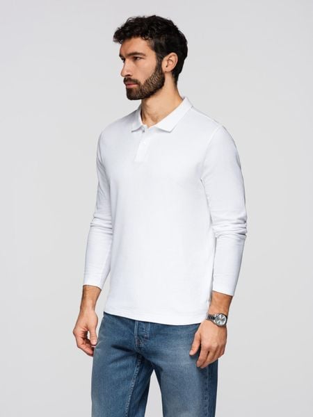 Longsleeve męski BASIC z kołnierzykiem polo – biały V1. Białe bluzki z długim rękawem męskie Ombre Clothing, m, bez wzorów, z bawełny, biznesowe, bez kołnierzyka. Za 89.99 zł.