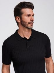 Męska koszulka polo z wiskozą SLIM FIT w pionowy prążek – czarna V1 - Rozmiar: XXL. Czarne koszulki polo męskie Ombre Clothing, m, bez wzorów, z dzianiny, eleganckie, bez ramiączek. W wyprzedaży za 99.99 zł.