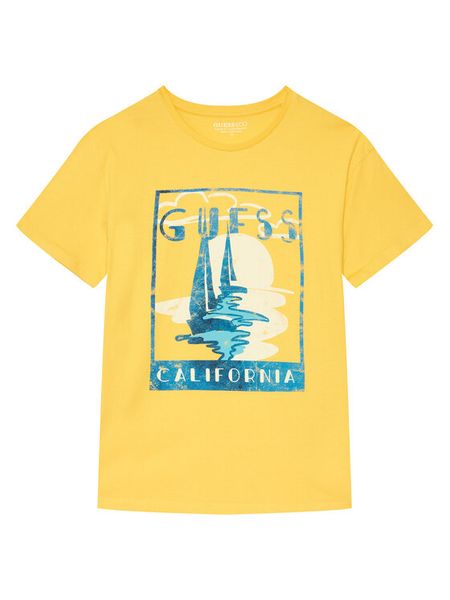 Guess T-Shirt L6GI10 K8HM4 Żółty Regular Fit. Żółte t-shirty dla chłopców Guess, z aplikacjami, z bawełny, bez ramiączek. Za 87.99 zł.
