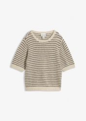 Sweter ażurowy z domieszką lnu. Brązowe swetry damskie bonprix, na wiosnę, w ażurowe wzory, z bawełny, bez kołnierzyka, bez ramiączek, krótkie, bez kaptura. Za 132.99 zł.