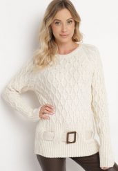 Beżowy Sweter z Ozdobnym Splotem z Paskiem i Klamrą Riean. Brązowe swetry damskie Born2be, m, bez wzorów, z jeansu, klasyczne, bez kołnierzyka, bez ramiączek, długie, bez kaptura. Za 99.99 zł.